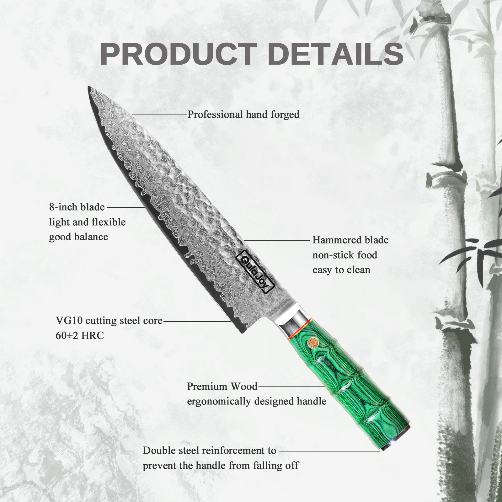 Qulajoy Japanese Chef Knife 8 Inch,67 Layers Damascus VG-10 Steel Core,Professional Hammered Kitchen Knife,Handcrafted With Ergonomic Bamboo Shape Handle - Image 3