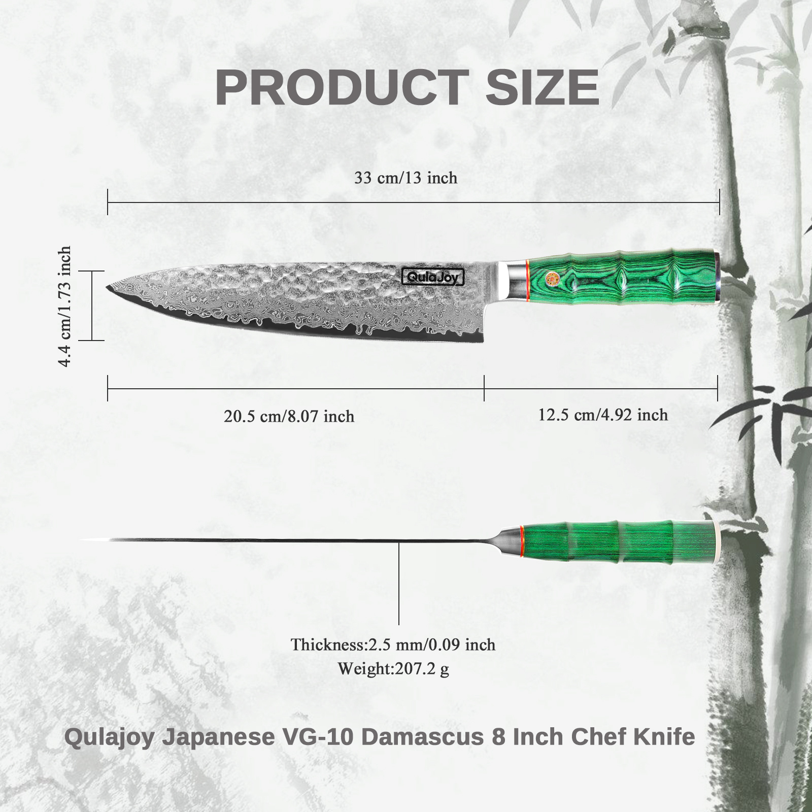 Qulajoy Japanese Chef Knife 8 Inch,67 Layers Damascus VG-10 Steel Core,Professional Hammered Kitchen Knife,Handcrafted With Ergonomic Bamboo Shape Handle - Image 2