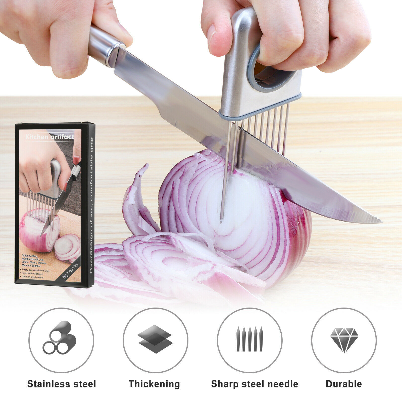 Onion Holder Slicer Vegetable Tools Tomato Cutter Stainless Steel Kitchen Gadget - Image 7