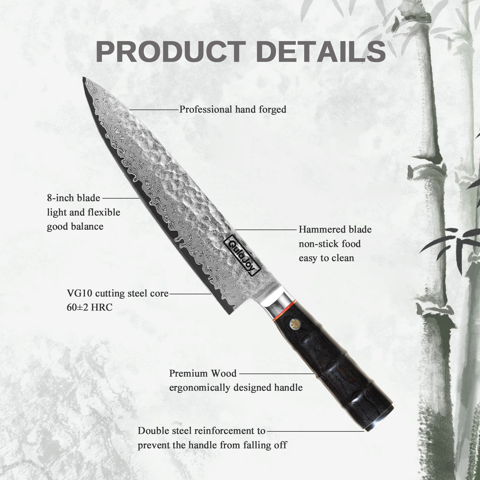 Qulajoy Japanese Chef Knife 8 Inch,67 Layers Damascus VG-10 Steel Core,Professional Hammered Kitchen Knife,Handcrafted With Ergonomic Bamboo Shape Handle - Image 9