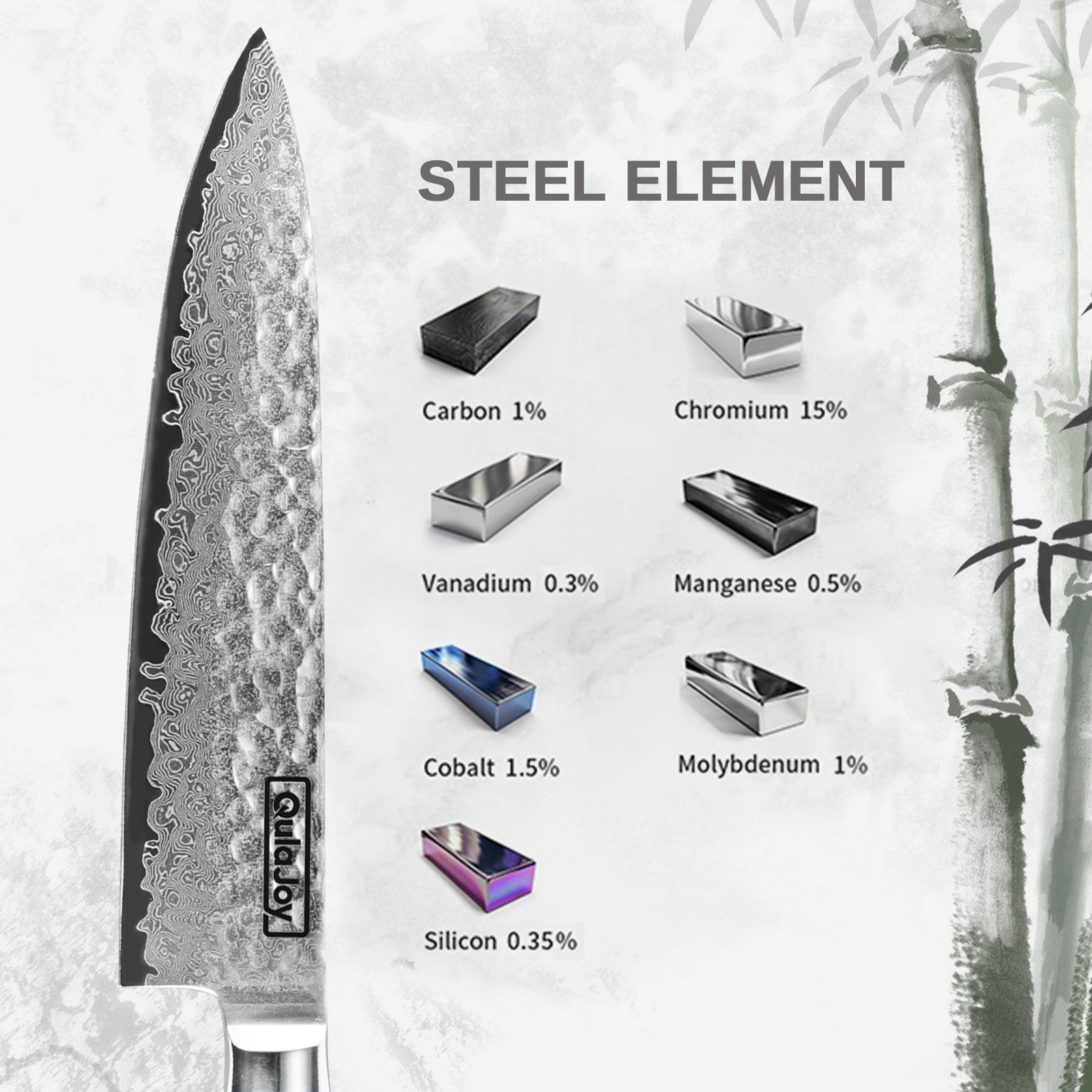 Qulajoy Japanese Chef Knife 8 Inch,67 Layers Damascus VG-10 Steel Core,Professional Hammered Kitchen Knife,Handcrafted With Ergonomic Bamboo Shape Handle - Image 5