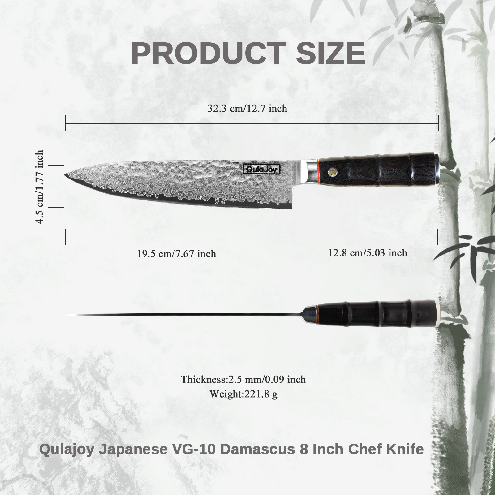Qulajoy Japanese Chef Knife 8 Inch,67 Layers Damascus VG-10 Steel Core,Professional Hammered Kitchen Knife,Handcrafted With Ergonomic Bamboo Shape Handle - Image 8